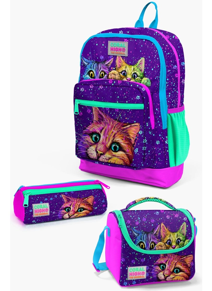 Kids Purple Pink Cat Patterned 3-Piece School Bag Set SET0123732