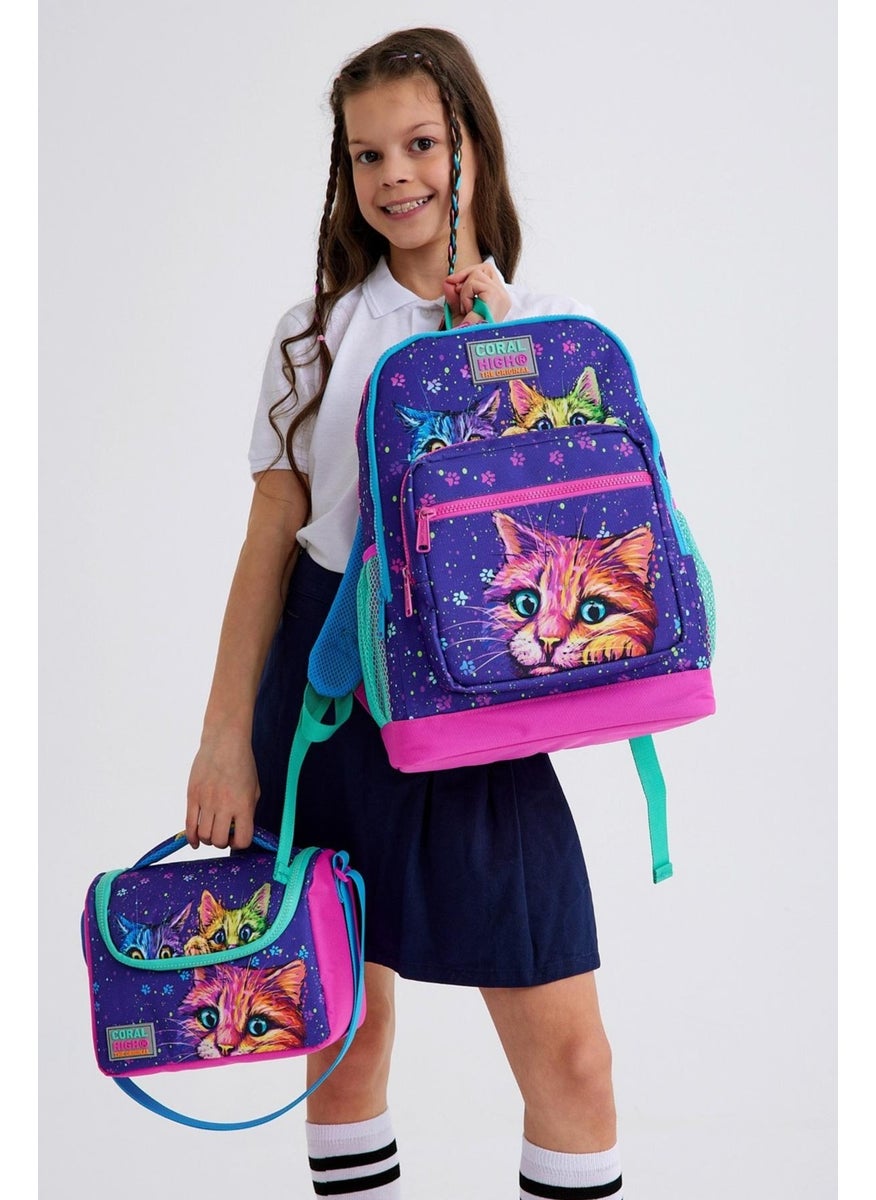 Kids Purple Pink Cat Patterned 3-Piece School Bag Set SET0123732