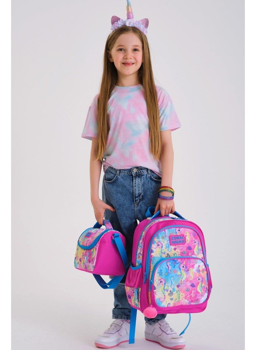 Kids Pink Colorful Seahorse Patterned 3-Piece School Bag Set SET0114412