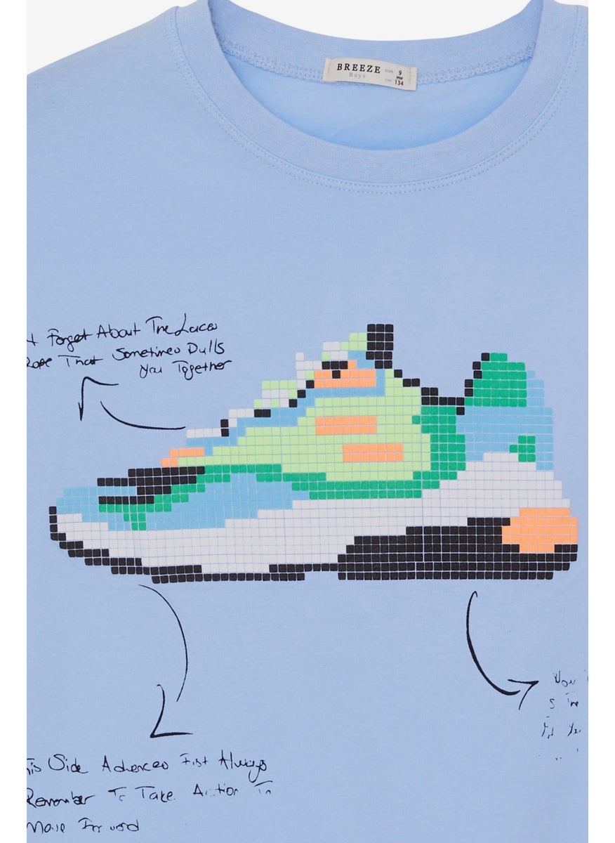 Boy's T-Shirt Colorful Shoes Printed Age 9-16, Light Blue