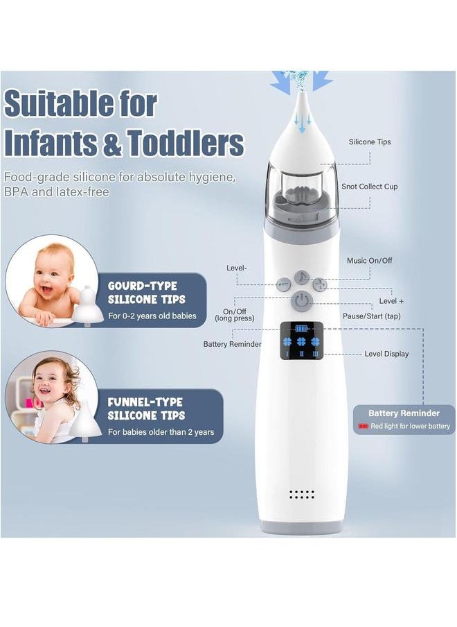 Electric Nasal Aspirator, Baby Cleaning with 3 Suction Levels and 2 Silicone Nozzles, Soft Music for Newborns Toddlers