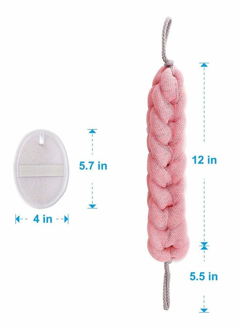 Back Scrubber, 2 Packs Long Stretch Sponge with Rope Handles, Bath Shower Mesh Exfoliating Body Scrub Braided Loofah, for Men and Women (Grey Pink)
