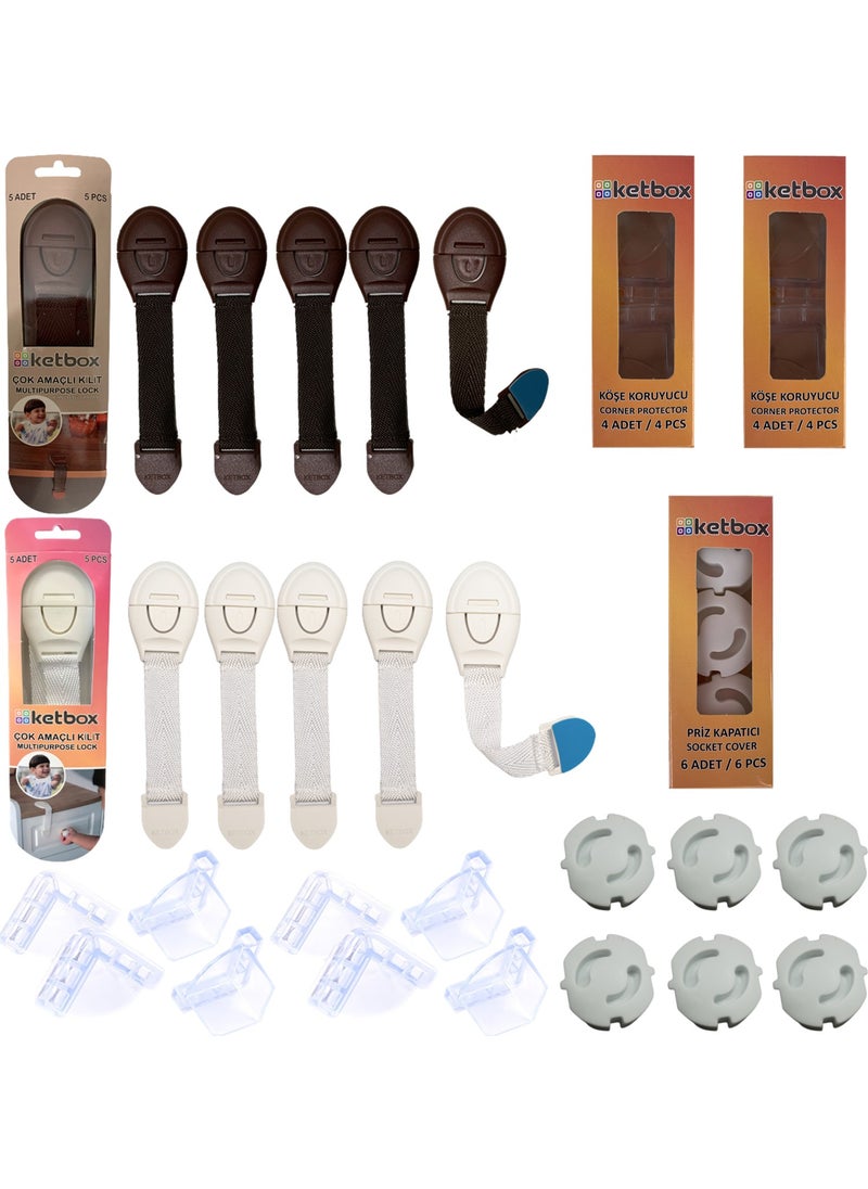 Child Baby Safety Seat Set - 10 Drawer Cabinet Locks + 8 Corner Protectors + 6 Socket Protectors