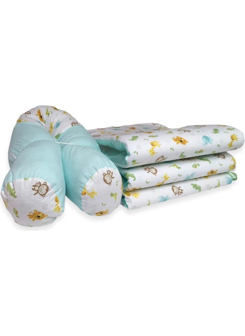 Baby Special Crib Edge Protection (3 Pieces Plain + 1 Piece Long Edge Cylinder Padded) Safari Pattern / Mint Green