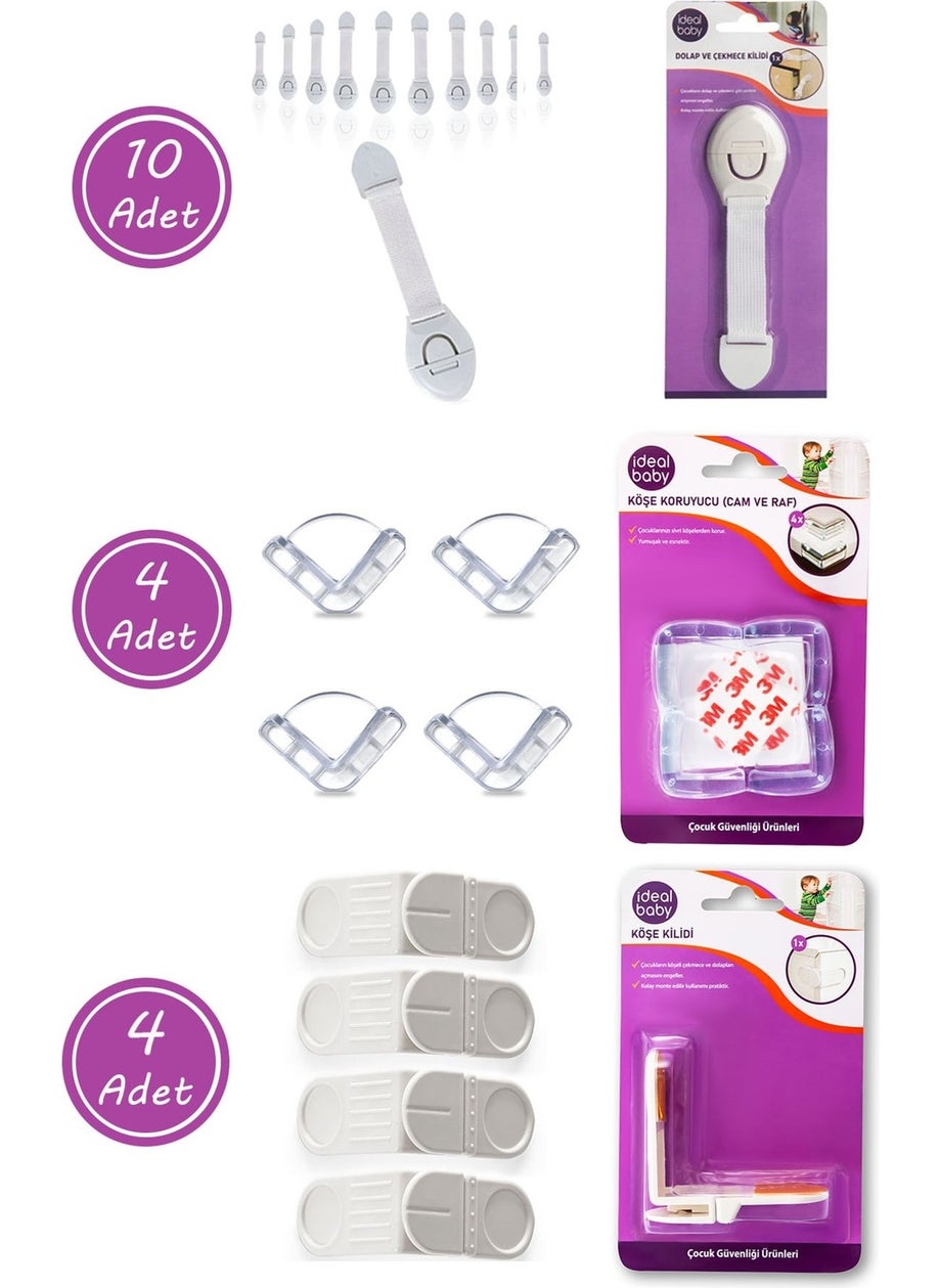 18-Piece Child Safety Safety Set 10 Cabinet Drawer Locks 4 Corner Locks 4 Corner Protectors (Glass-Shelf)