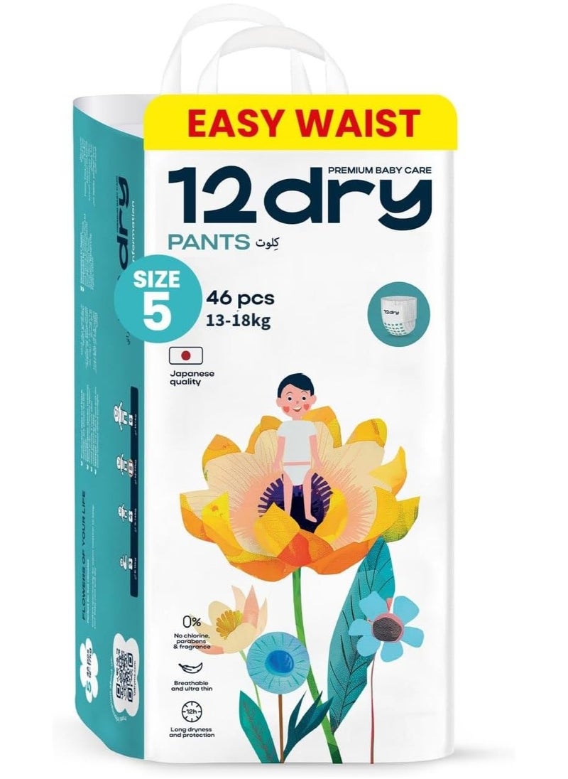 Pants Easy Waist (Size 5, 13-18 kg, 46 count) Perfect for Babies with Round Tummies 100% Ultra-Absorbent Japanese Tech Thin Breathable Extra Soft Waistband for Ultimate Comfort