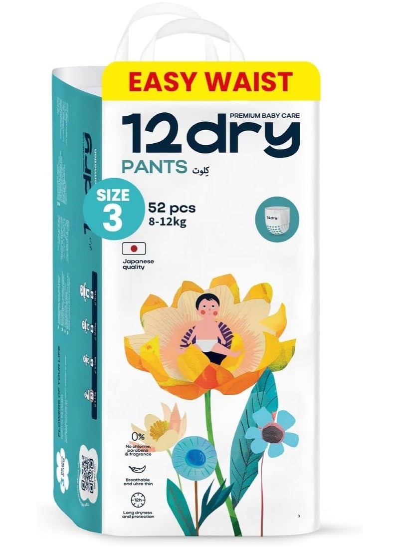 Pants Easy Waist (Size 3, 8-12 kg, 52 count) Perfect for Babies with Round Tummies 100% Ultra-Absorbent Japanese Tech Thin Breathable Extra Soft Waistband for Ultimate Comfort