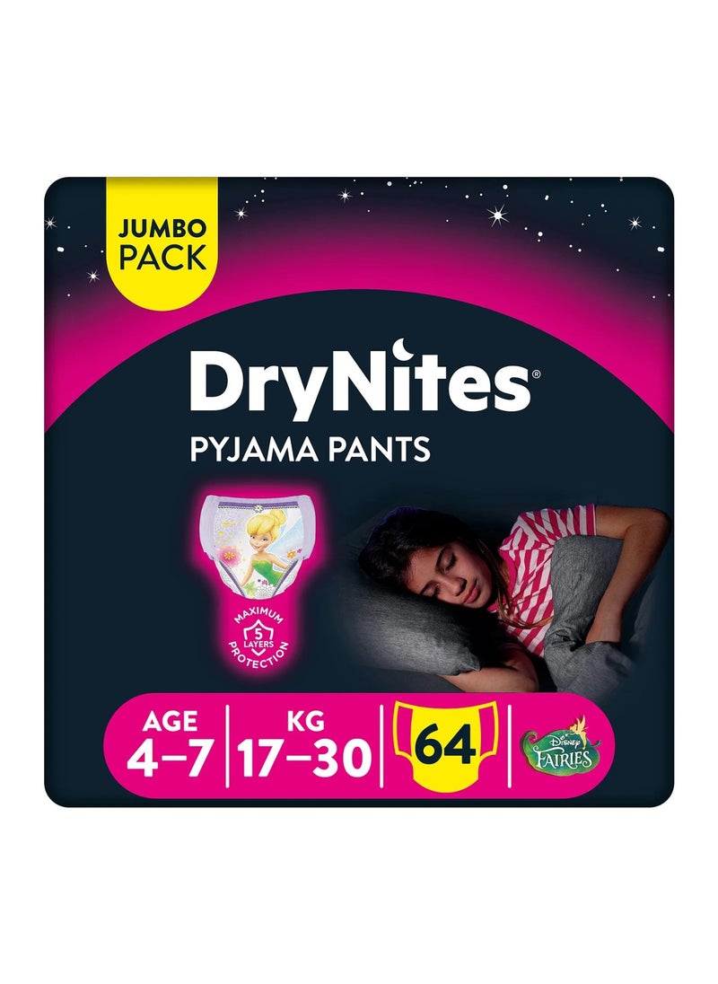 Huggies x Disney Fairies DryNites Pyjama Pants, 64 Pieces Jumbo Pack, For Girls Age 4-7, 17-30kg - Night-Time Protection, Super Absorbent, 5 Layers, Leak Free