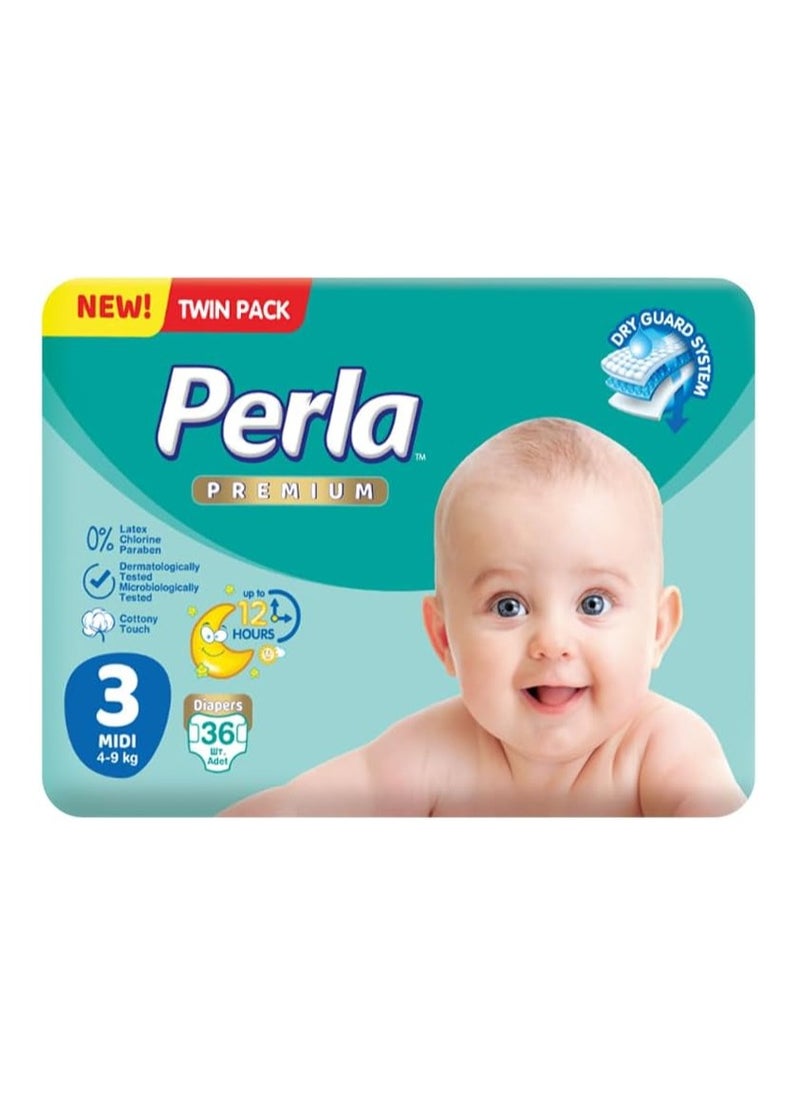 Baby Premium Diapers - Twin Pack: Size 3, Midi (4 to 9kg), 36 diapers