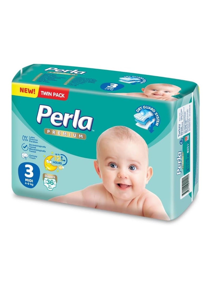 Baby Premium Diapers - Twin Pack: Size 3, Midi (4 to 9kg), 36 diapers