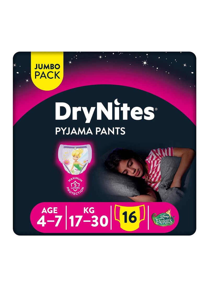 Huggies x Disney Fairies DryNites Pyjama Pants, 16 Pieces Jumbo Pack, For Girls Age 4-7, 17-30kg - Night-Time Protection, Super Absorbent, 5 Layers, Leak Free