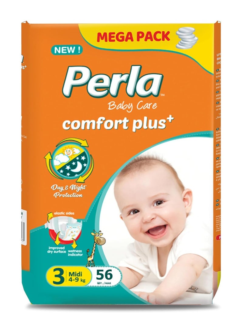 Comfort Plus+ Diapers - Mega Pack: Size 3, Midi (4 to 9kg), 56 diapers