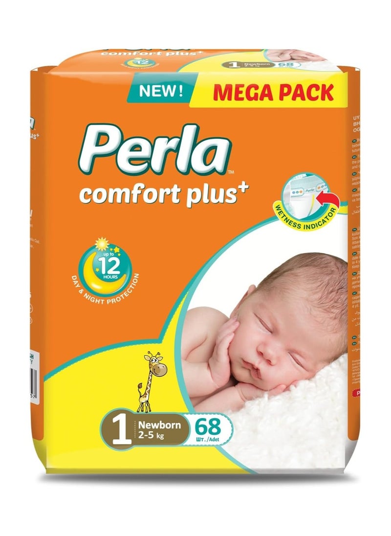 Comfort Plus+ Diapers - Mega Pack: Size 1, New Born (2 to 5kg), 68 diapers