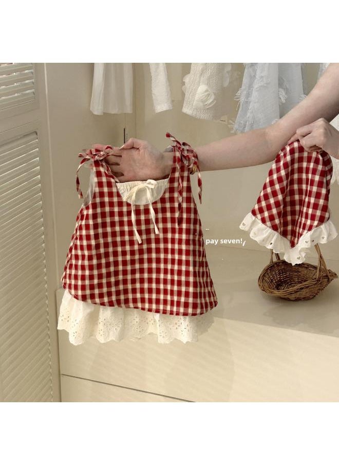 Zhili Children's Clothing Girls Red Plaid Fake Two-piece Dress Summer New Children's Baby Girl Vest Skirt Tide