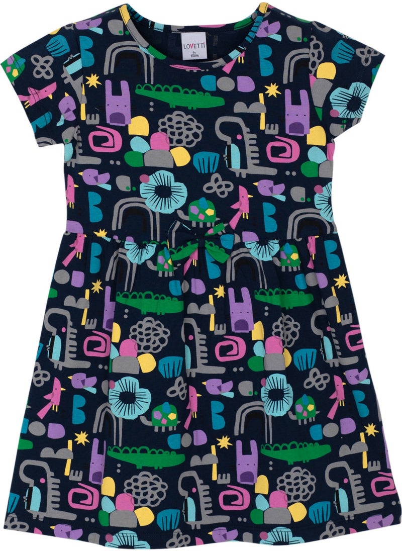 Girl Cutouts Animal Pattern Short Sleeve Flared Skirt Dress