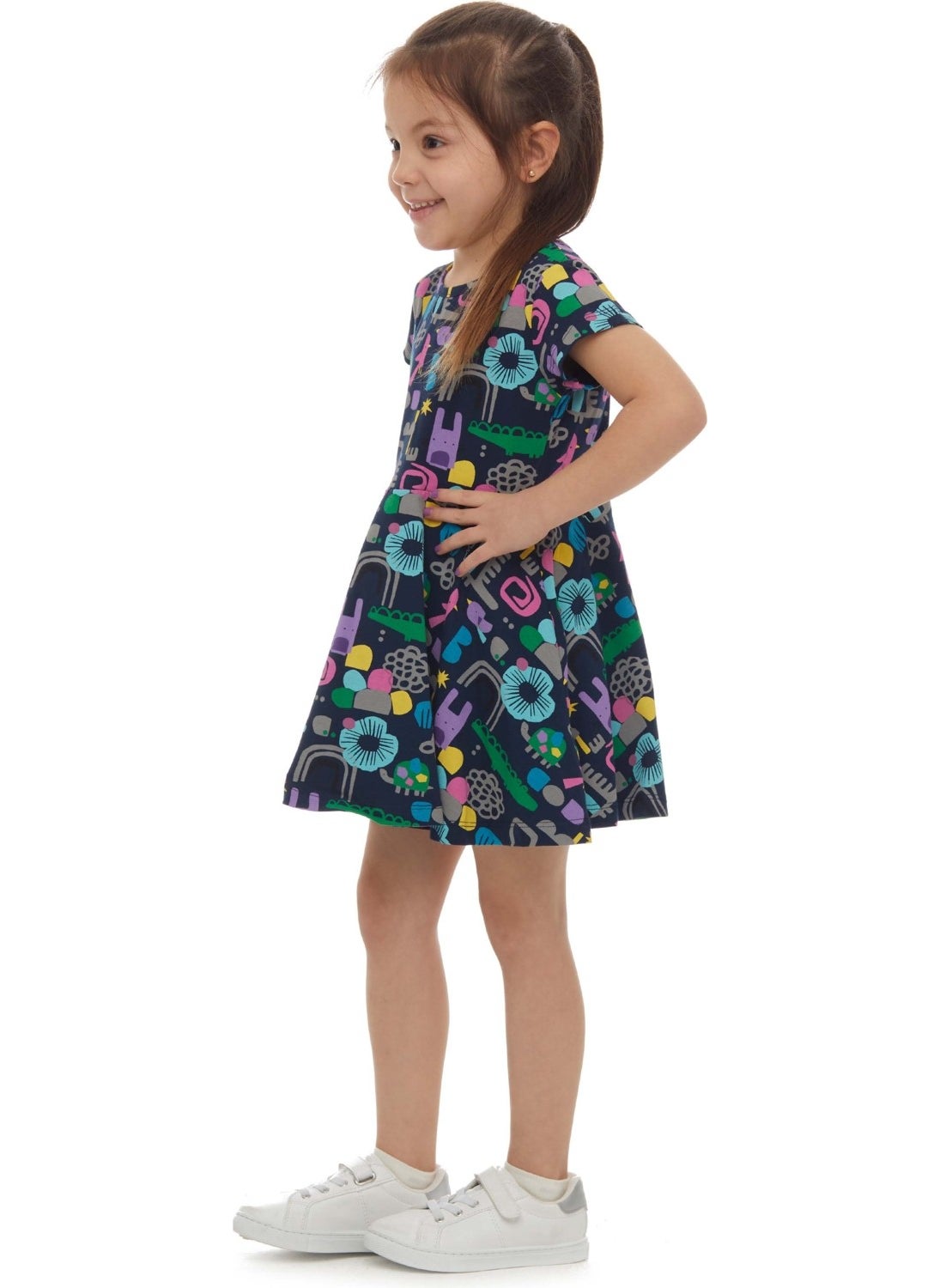 Girl Cutouts Animal Pattern Short Sleeve Flared Skirt Dress