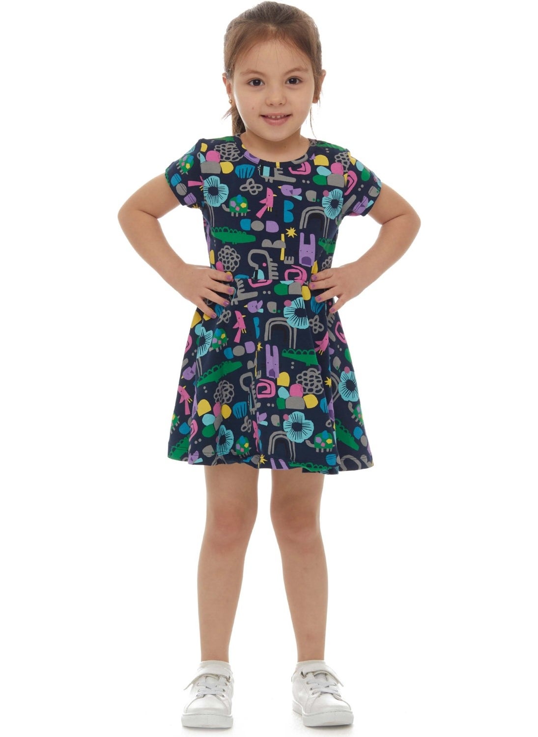 Girl Cutouts Animal Pattern Short Sleeve Flared Skirt Dress