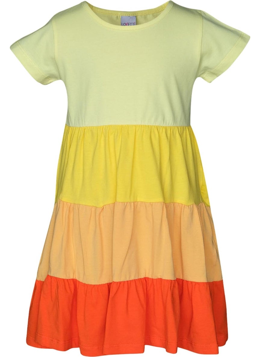 Light Yellow-Orange Multi-Colored Girls Short Sleeve Dress