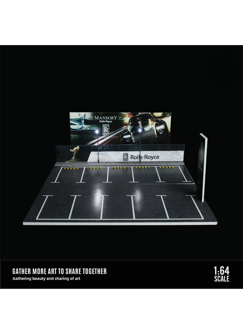 1:64 Scale Alloy Car Model Display with Lights for Collectors 1:64 Rolls-Royce showroom parking lot lighting scene