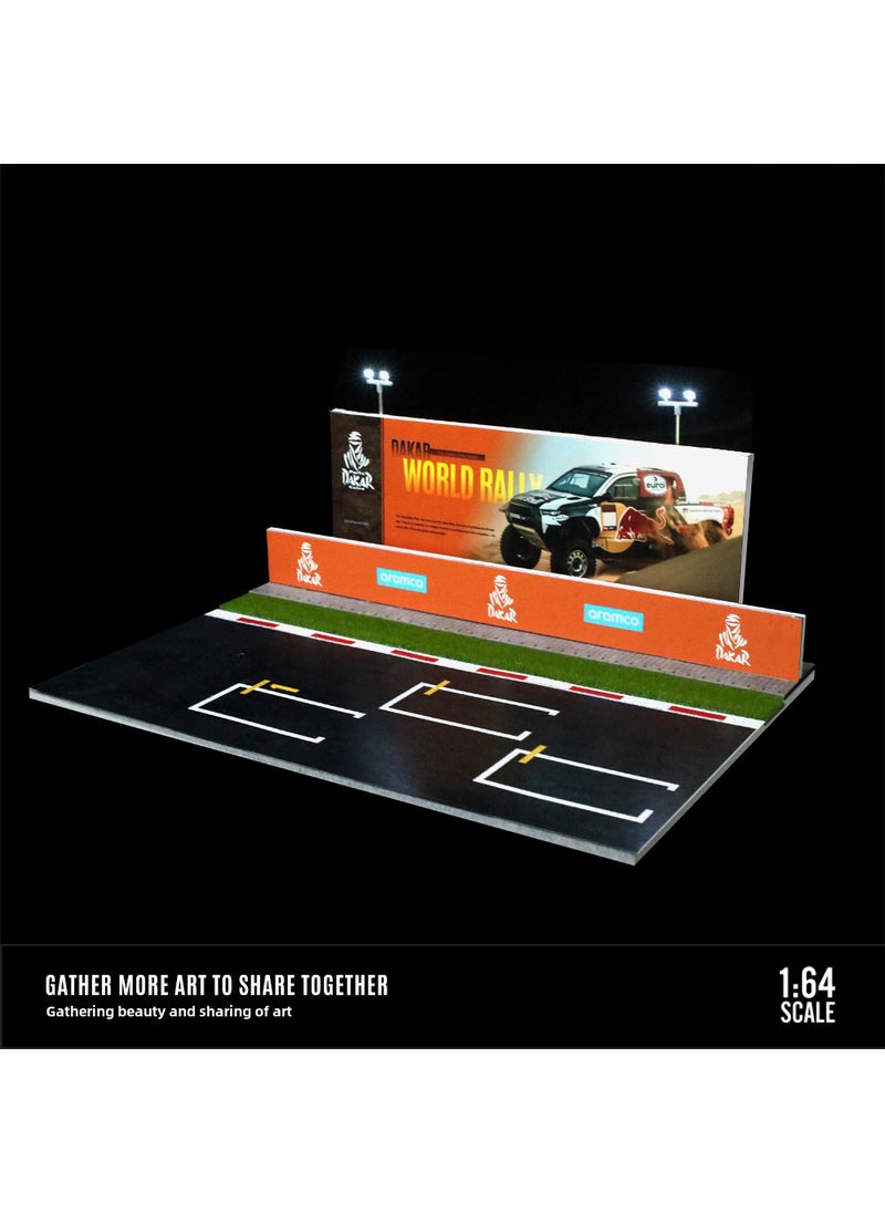 1:64 Scale Alloy Car Model Display with Lights for Collectors 1:64 Dakar Rally Parking Lights Scene