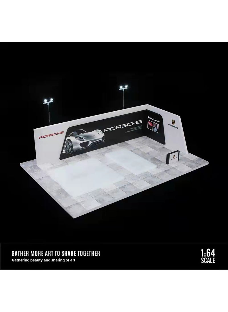 1:64 Scale Alloy Car Model Display with Lights for Collectors 1:64 Porsche showroom parking lot lighting scene