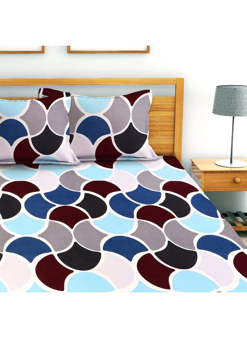 AEROHAVEN 180TC Glace Cotton Geometric Flat Double Bedsheet with 2 King Size Pillow Covers Blue Brown