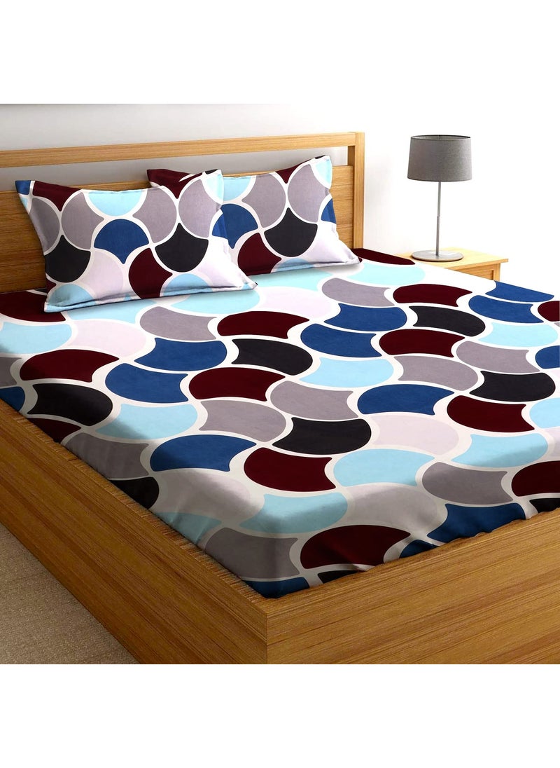 AEROHAVEN 180TC Glace Cotton Geometric Flat Double Bedsheet with 2 King Size Pillow Covers Blue Brown