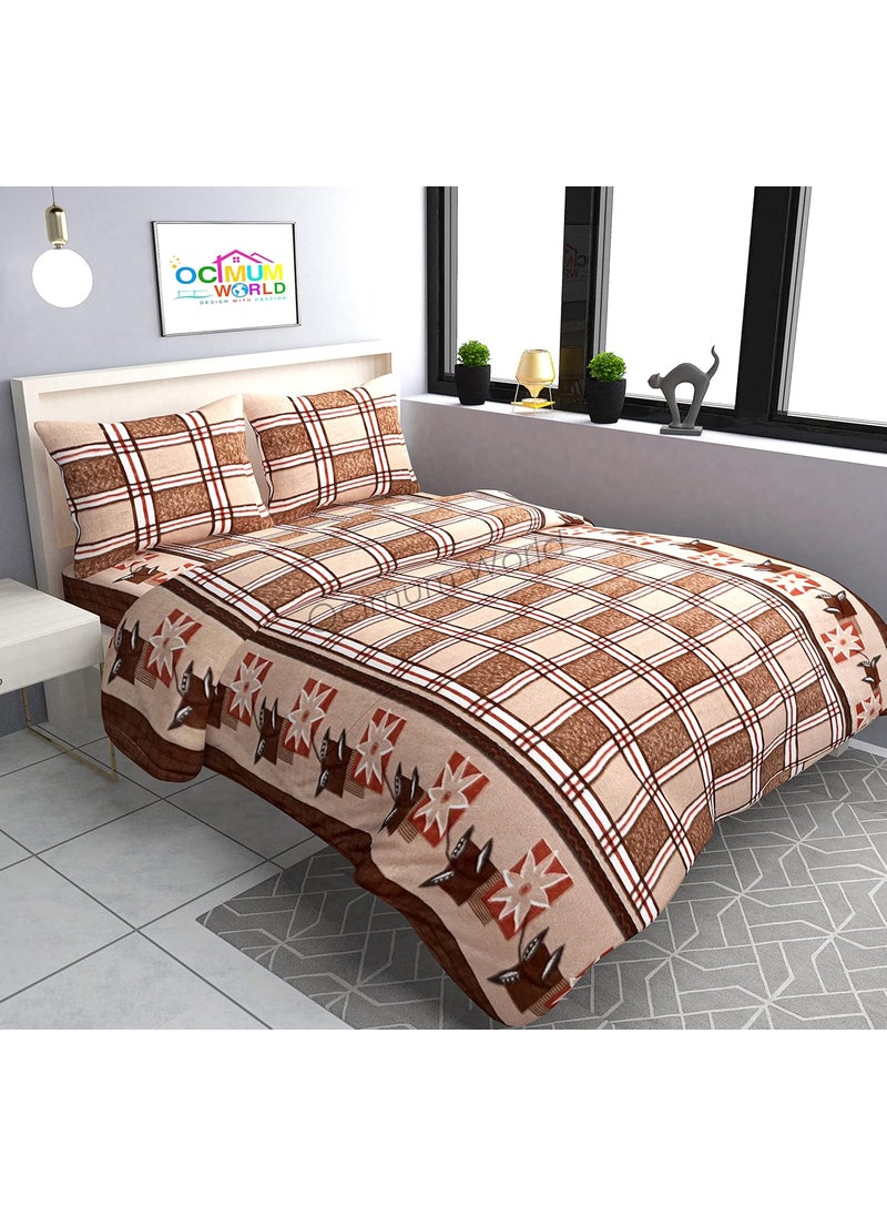 MORADO Woollen Heavy Fleece Warm Checkered Double Bedsheet with Two Pillow Covers with Zipper for Winters 90100 Inches Bright Brown