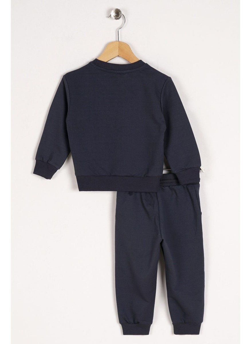 Crew Neck Long Sleeve Hooray Printed Anthracite Color Boy's Two Piece Suit
