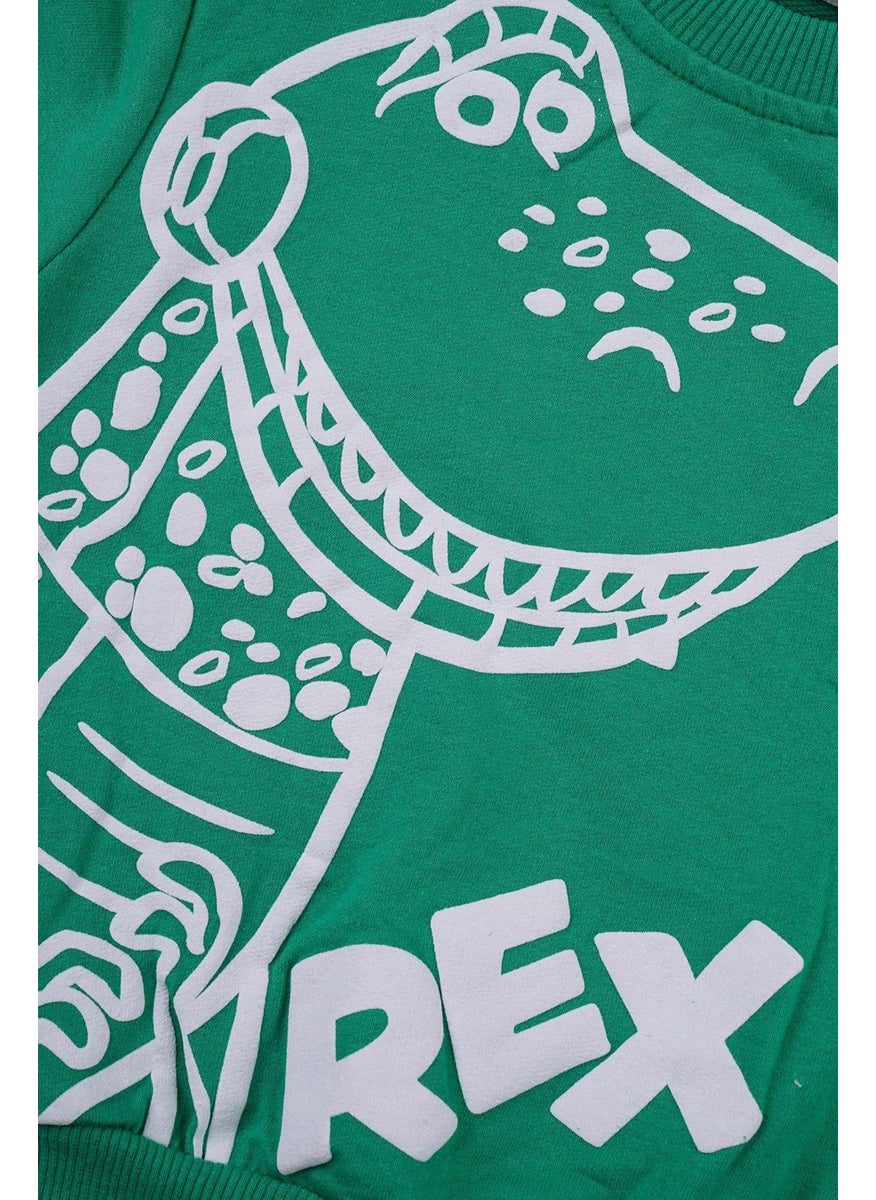 Crew Neck Long Sleeve Crocodile Rex Printed Dark Green Color Boy's Two Piece Suit