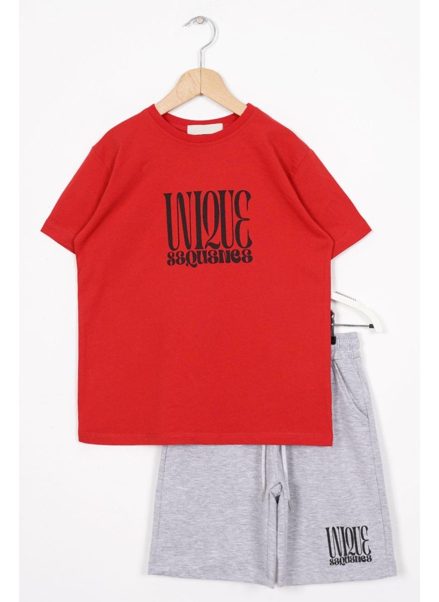 Text Printed Red Color Boy Shorts Set