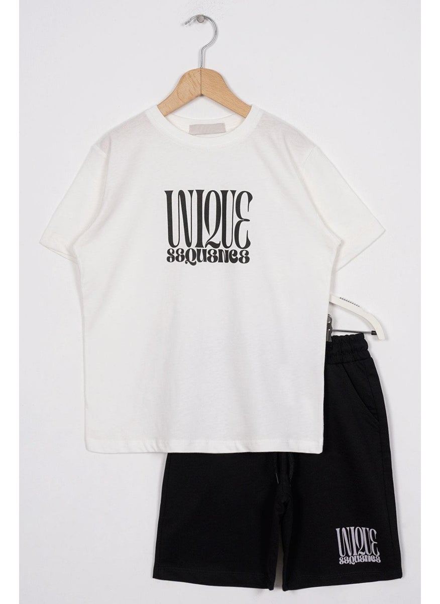 Text Printed Ecru Color Boy Shorts Set