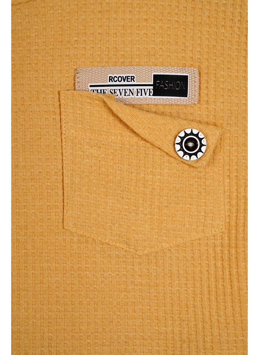 Crew Neck Long Sleeve Embroidered Sleeve and Leg Elastic Mustard Color Boy's Two Piece Suit
