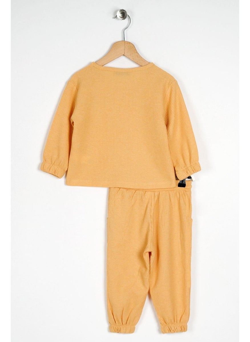 Crew Neck Long Sleeve Embroidered Sleeve and Leg Elastic Mustard Color Boy's Two Piece Suit