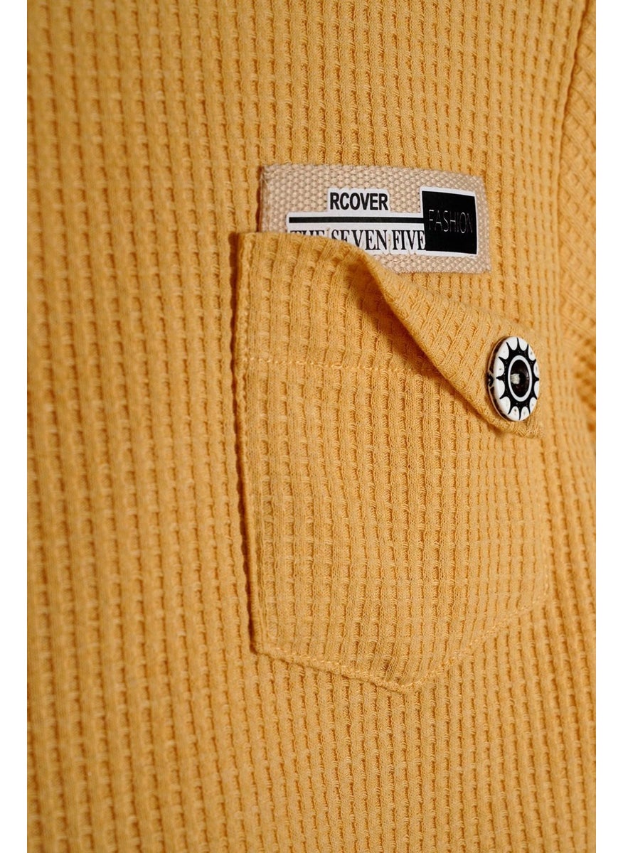 Crew Neck Long Sleeve Embroidered Sleeve and Leg Elastic Mustard Color Boy's Two Piece Suit
