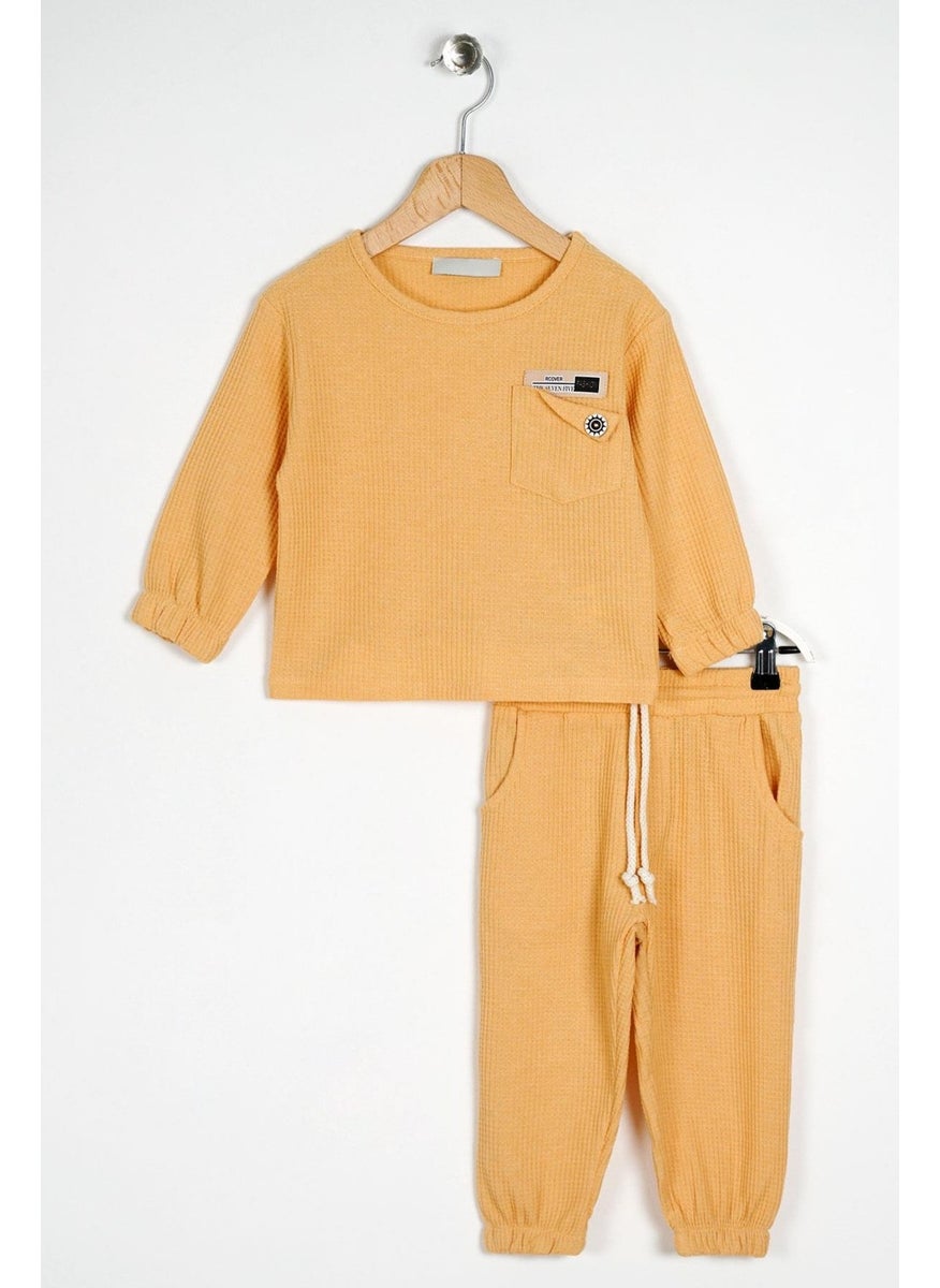 Crew Neck Long Sleeve Embroidered Sleeve and Leg Elastic Mustard Color Boy's Two Piece Suit