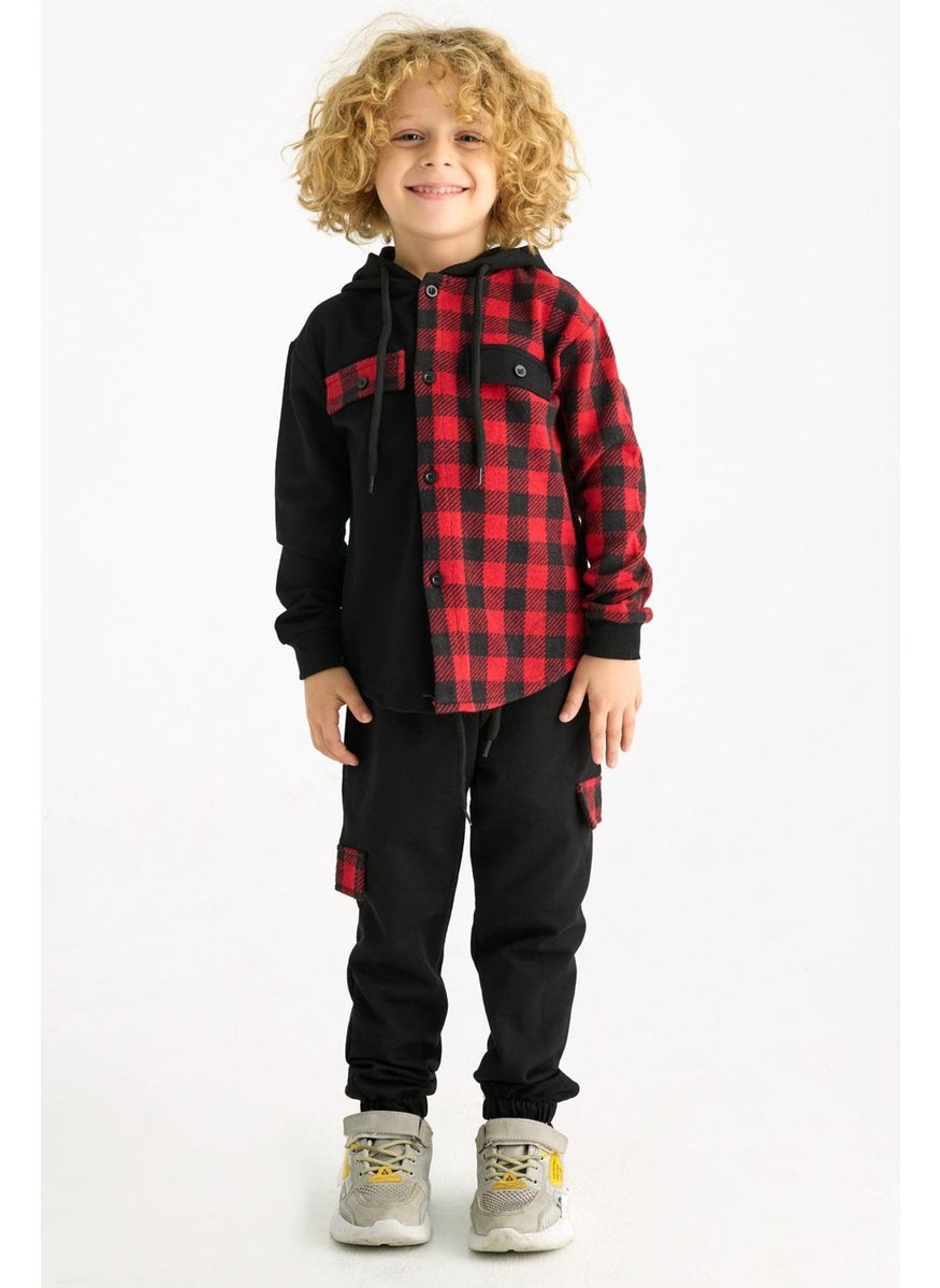 Boy Plaid Pocket Hooded Tracksuit Set