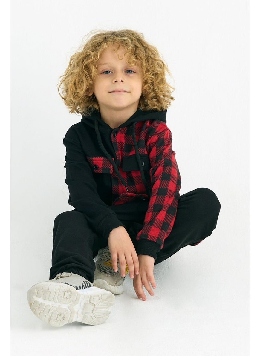 Boy Plaid Pocket Hooded Tracksuit Set