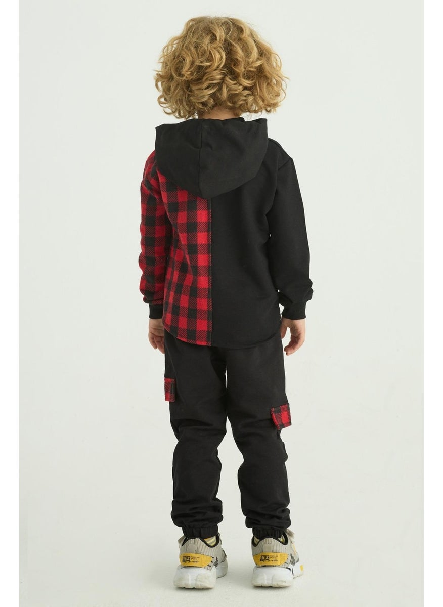 Boy Plaid Pocket Hooded Tracksuit Set