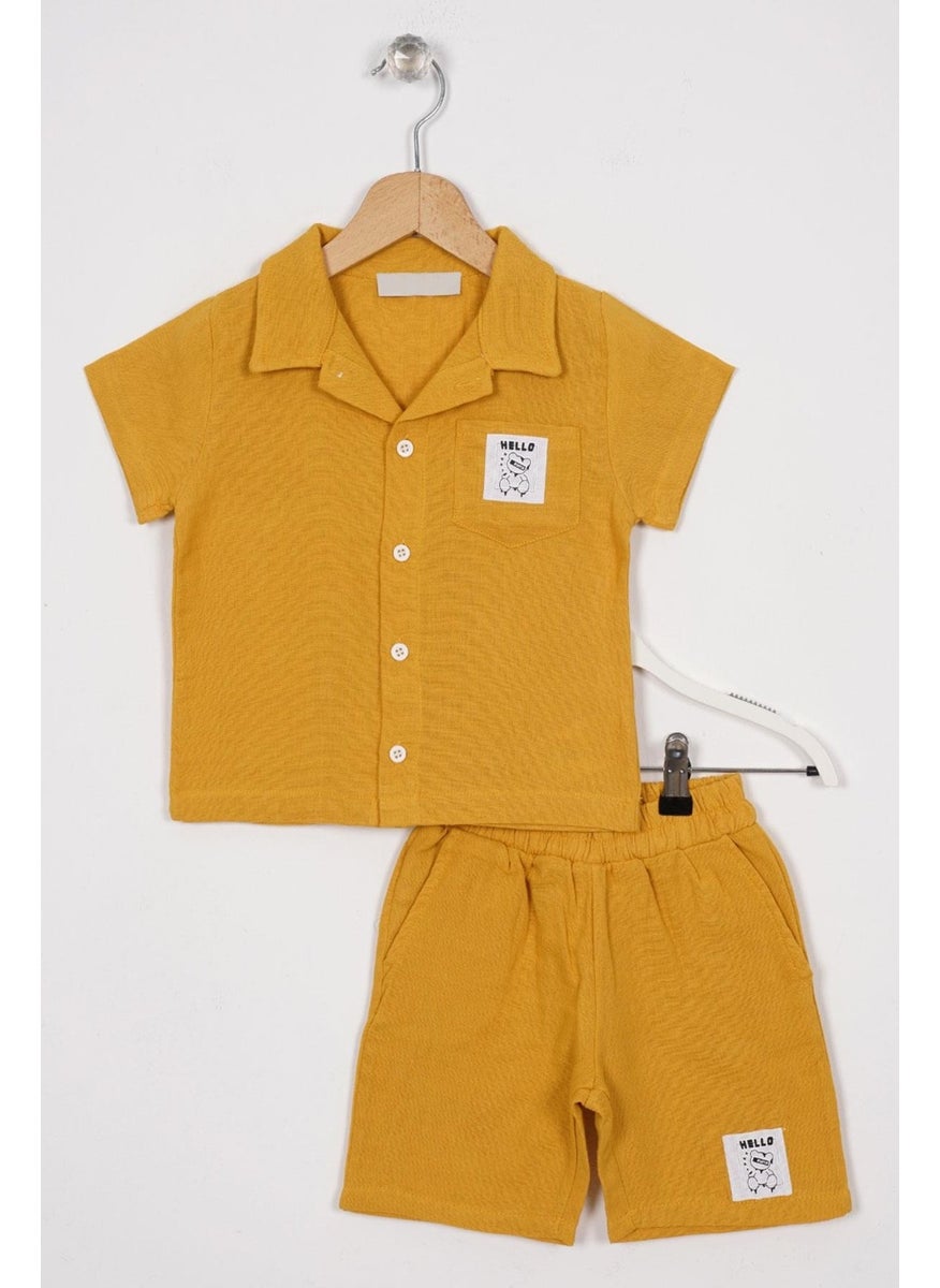 Emblem Detailed Mustard Color Boy Shorts Set