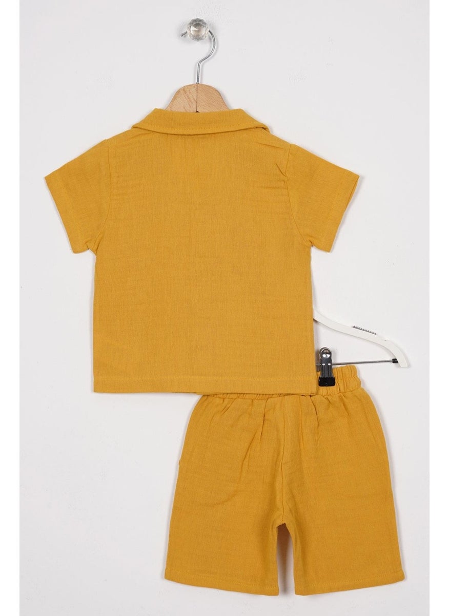 Emblem Detailed Mustard Color Boy Shorts Set