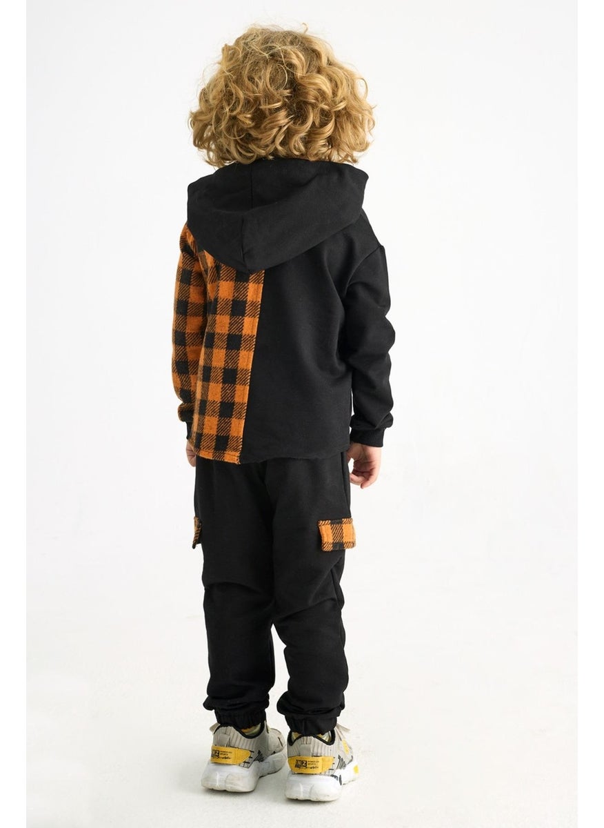 Boy Plaid Pocket Hooded Tracksuit Set