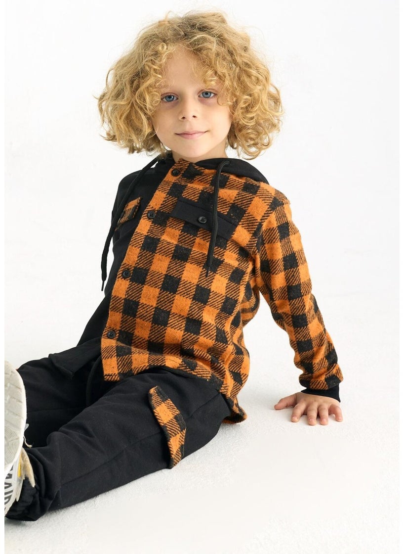 Boy Plaid Pocket Hooded Tracksuit Set