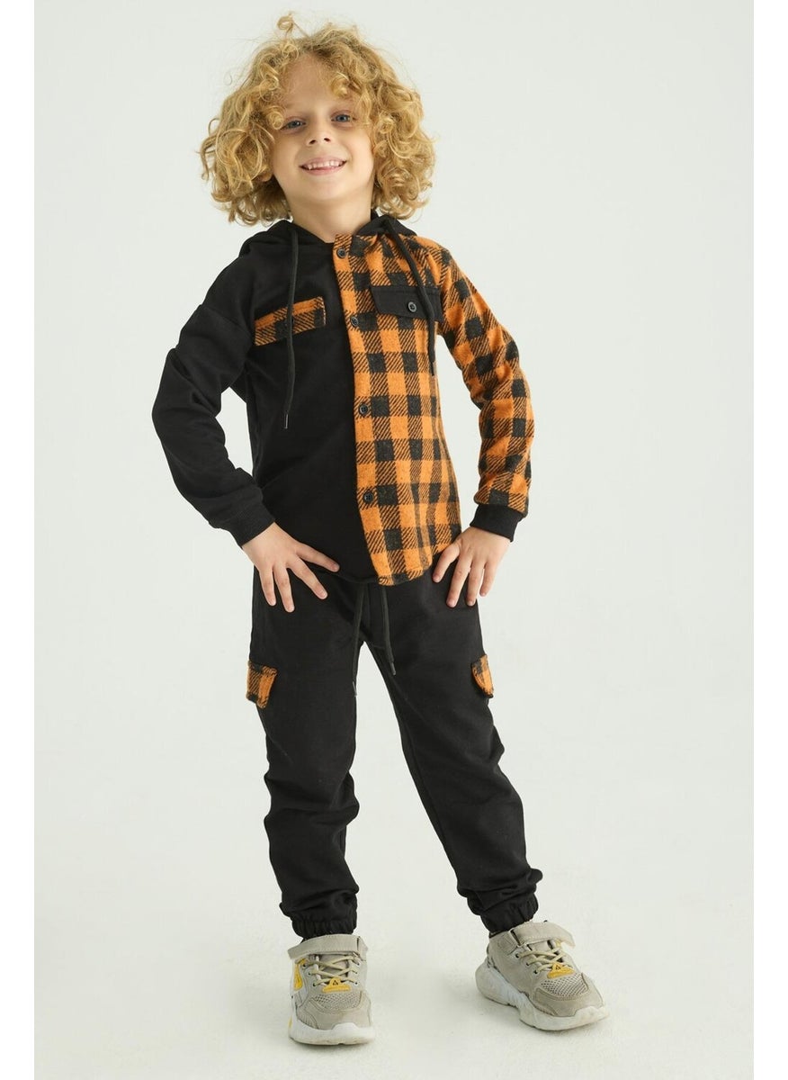 Boy Plaid Pocket Hooded Tracksuit Set