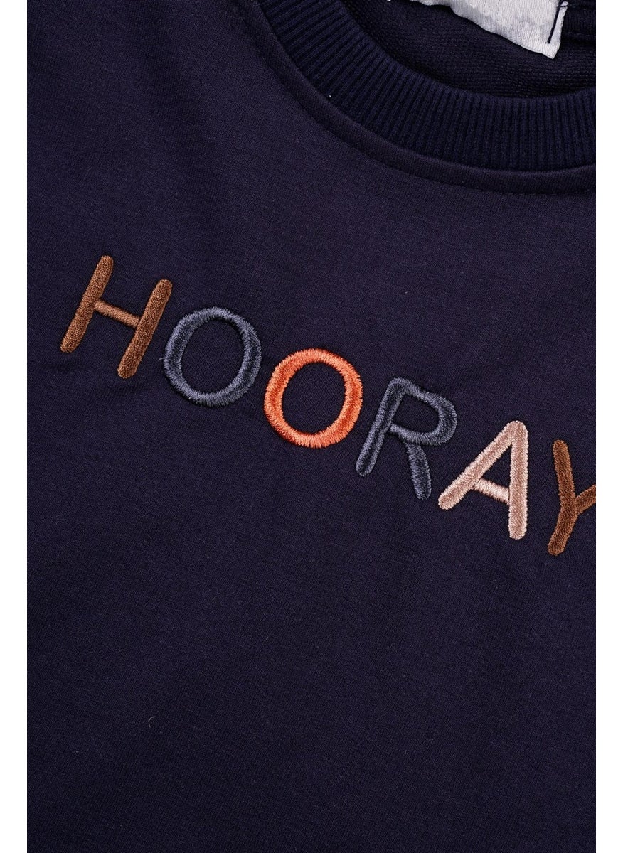 Crew Neck Long Sleeve Hooray Printed Navy Blue Color Boy's Two Piece Suit
