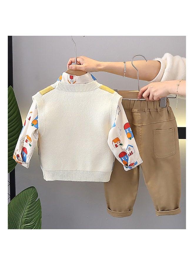 3pcs Yellow Village Theme CardiganShirt and matching Pants set for Toddlers and Kidswinter and all season wear