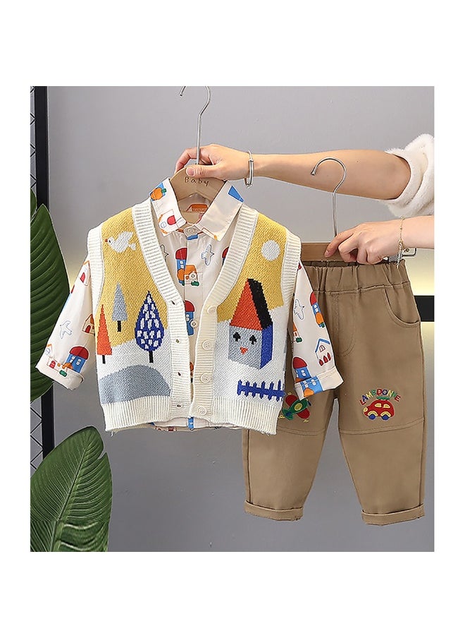 3pcs Yellow Village Theme CardiganShirt and matching Pants set for Toddlers and Kidswinter and all season wear