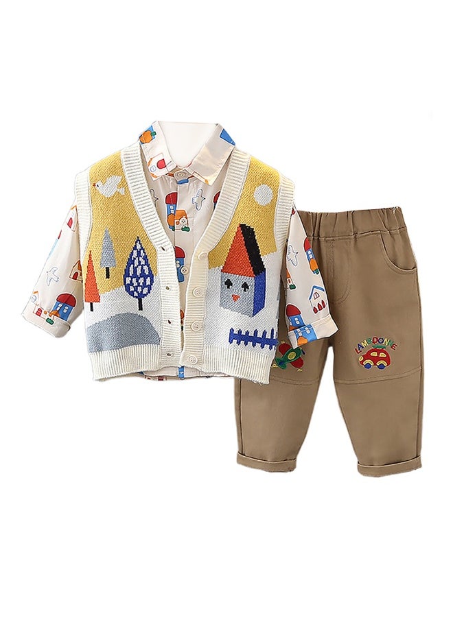 3pcs Yellow Village Theme CardiganShirt and matching Pants set for Toddlers and Kidswinter and all season wear