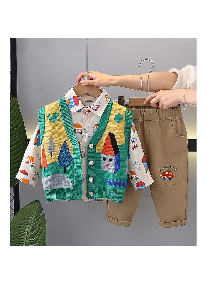 3pcs Green Village Theme CardiganShirt and matching Pants set for Toddlers and Kidswinter and all season wear