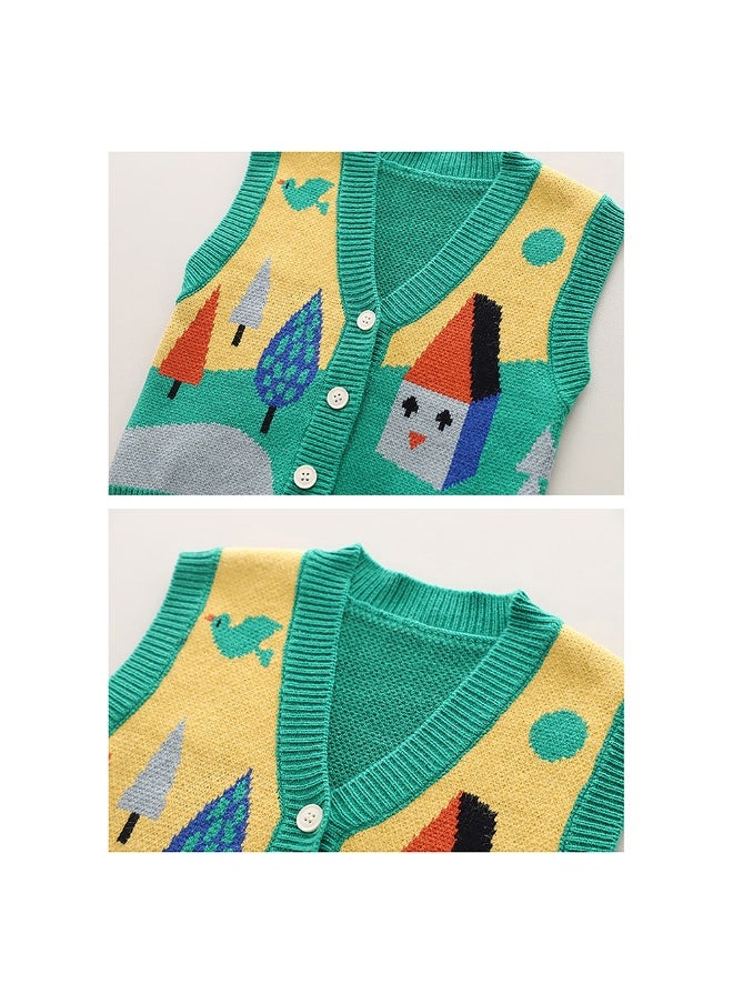 3pcs Green Village Theme CardiganShirt and matching Pants set for Toddlers and Kidswinter and all season wear